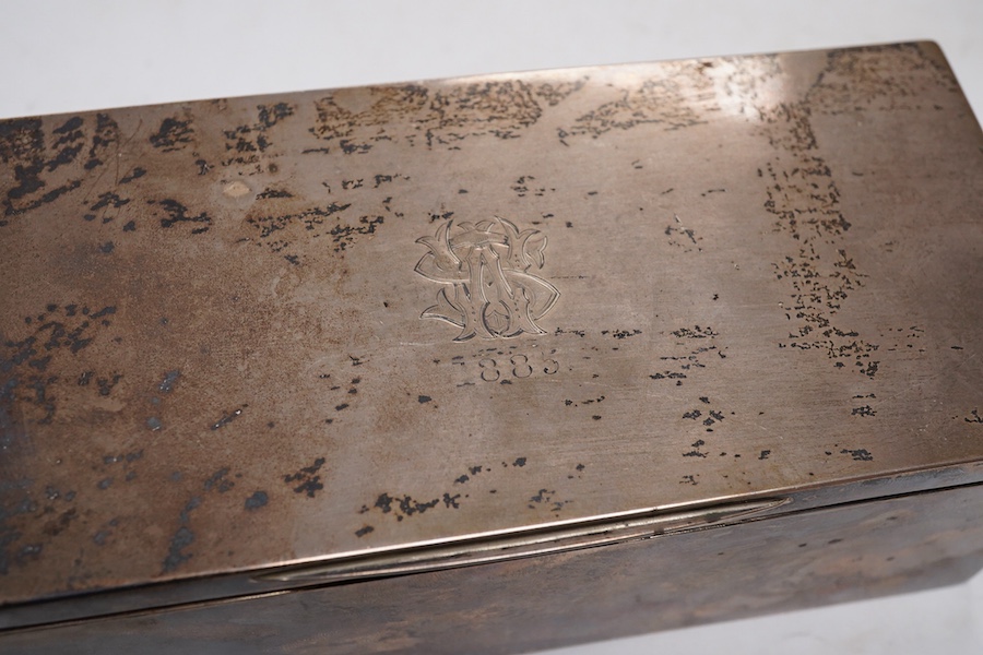 A Victorian silver rectangular cigarette box, by George Unite, with two interior lidded cedar wood lined compartments and engraved WS monogram, London, 1885, 17.9cm. Provenance - formerly the property of Walter Shoolbred